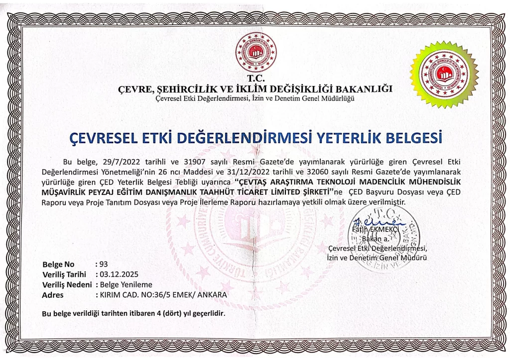 ÇED Raporu Yeterlik Belgesi